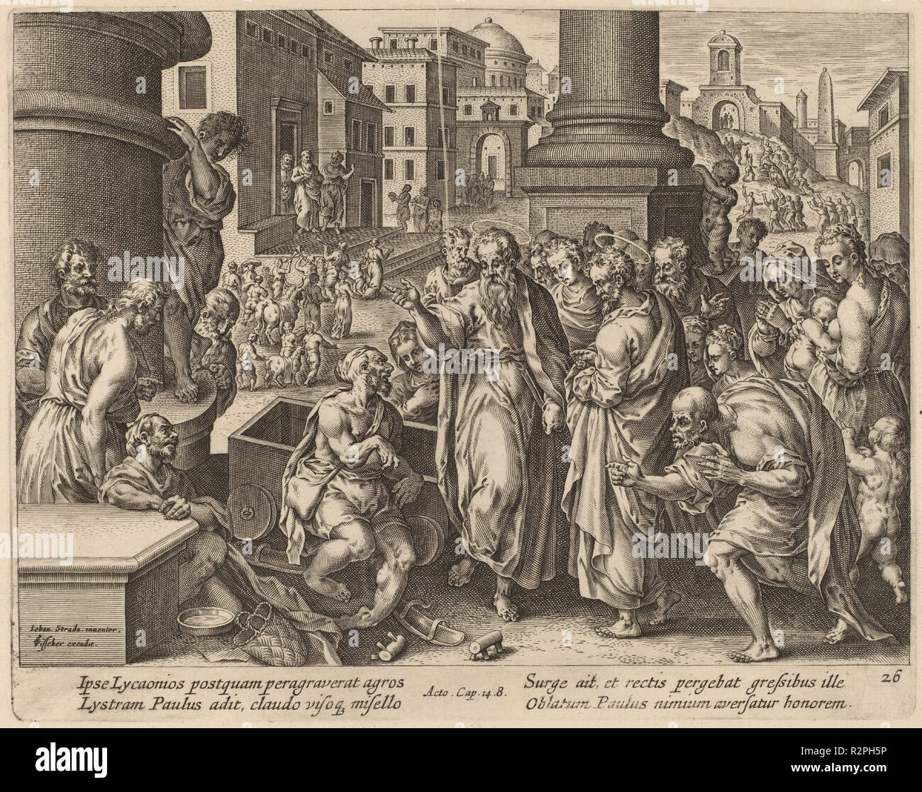 San Paolo guarisce il zoppo a Listra. Medium: incisione. Museo: National Gallery of Art di Washington DC. Autore: Philip Galle dopo Jan van der Straet. Foto Stock