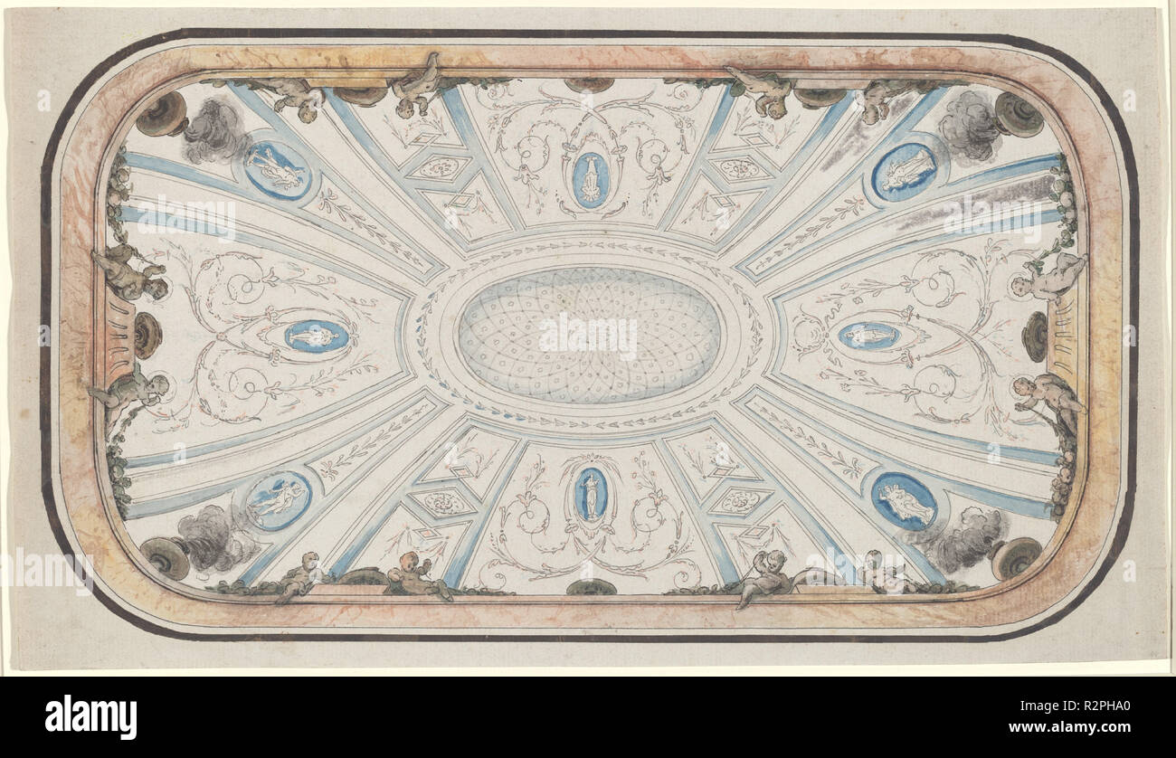 Design per un soffitto. Dimensioni: foglio: 19,8 × 35 cm (7 13/16 × 13 3/4 in.). Medium: Penna e inchiostro nero con marrone, blu, giallo e rosa wash. Museo: National Gallery of Art di Washington DC. Autore: attribuita a Mauro Antonio tesi. Foto Stock