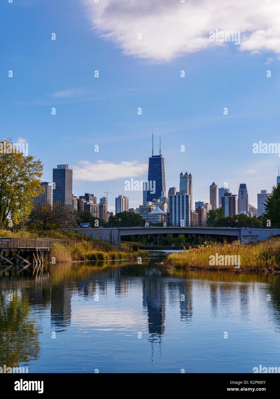 Lincoln Park area natura e per il centro di Chicago skyline. Foto Stock
