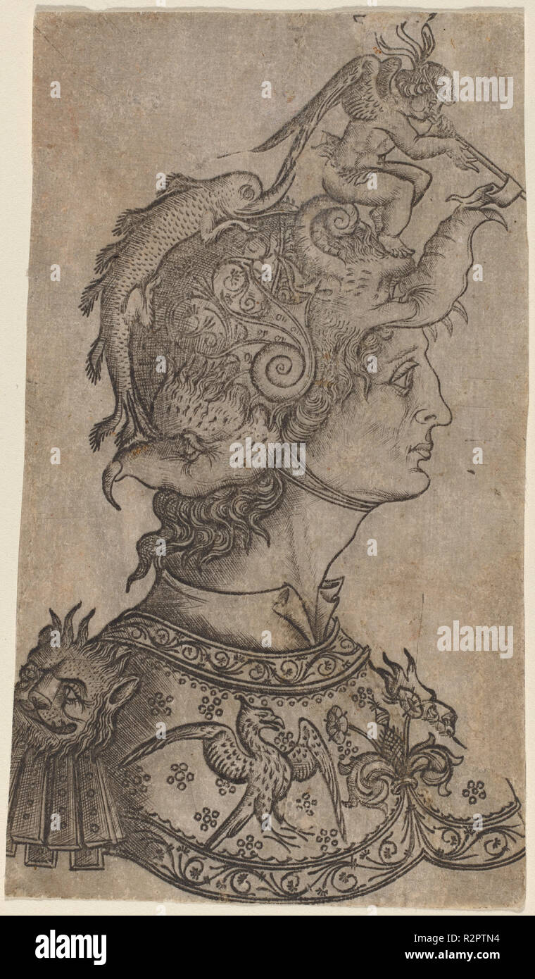 Uomo in un fantastico casco. Data: c. 1470/1480. Dimensioni: foglio: 12,8 x 7,5 cm (5 1/16 x 2 15/16 in.). Medium: incisione. Museo: National Gallery of Art di Washington DC. Autore: italiana del XV secolo. Foto Stock