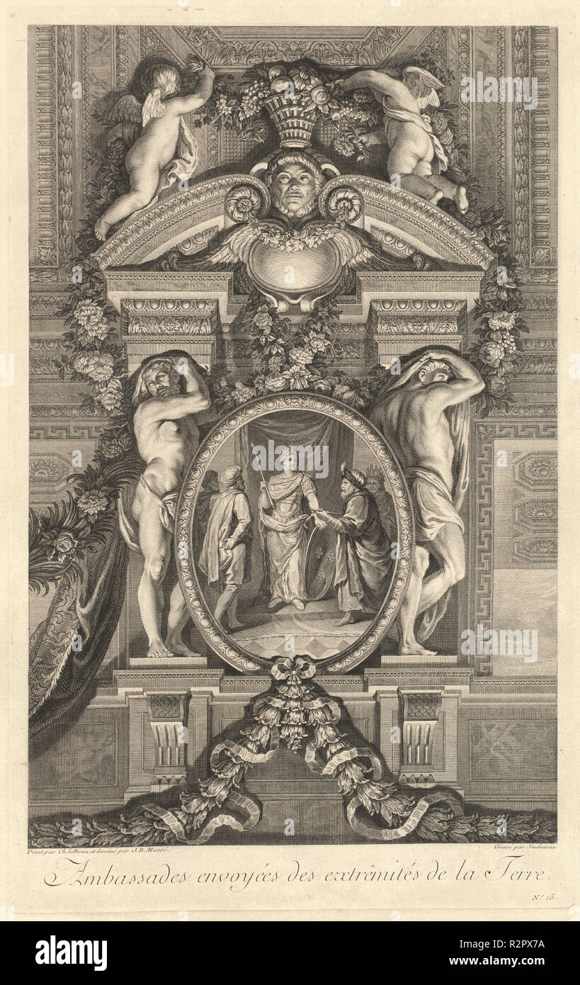 Ambassades envoyées extrêmités des de la Terre (Ambasciate inviato dalle estremità del globo) [pl. 15]. Data: pubblicato 1752. Dimensioni: foglio: 64 × 45,8 cm (25 3/16 × 18 1/16 in.), Piastra: 48,4 × 30,2 cm (19 1/16 × 11 7/8 in.). Medium: incisione su carta vergata. Museo: National Gallery of Art di Washington DC. Autore: Jean-Baptiste Massé (designer) e Pierre Soubeyran (incisore) dopo Charles Le Brun. Foto Stock