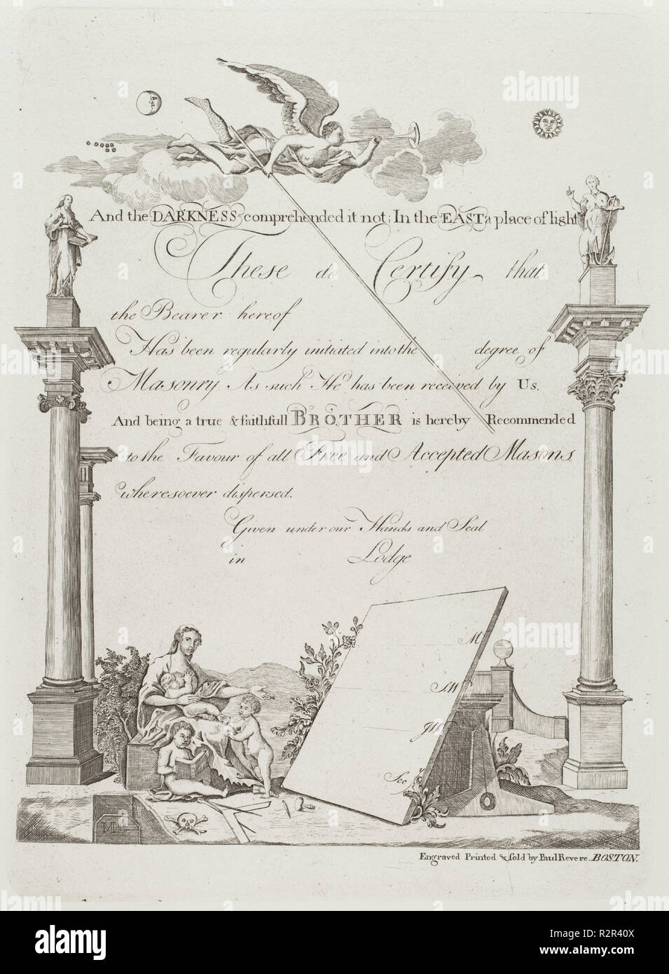 Certificato massonico. Data: 1773. Dimensioni: piastra: 34,8 x 25,5 cm (13 11/16 x 10 1/16 in.) foglio: 55,9 x 39 cm (22 x 15 3/8 in.). Medium: incisione stampata da Herbert Pasternack nel 1954 su carta intessuta. Museo: National Gallery of Art di Washington DC. Autore: Paul Revere. Foto Stock