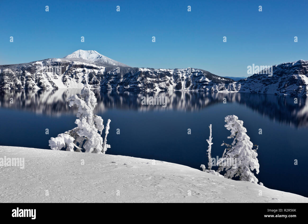 O02434-00...OREGON - il cratere del lago e Monte Scott dal bordo strada in corrispondenza della giunzione del nord nel Parco nazionale di Crater Lake. Foto Stock