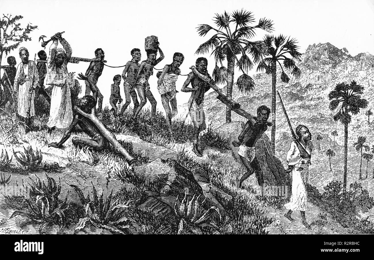 Incisione di un driver slave uccidere un prigioniero durante uno slave la cattura di raid in Africa. Originale da J.B. Zwecken. Foto Stock