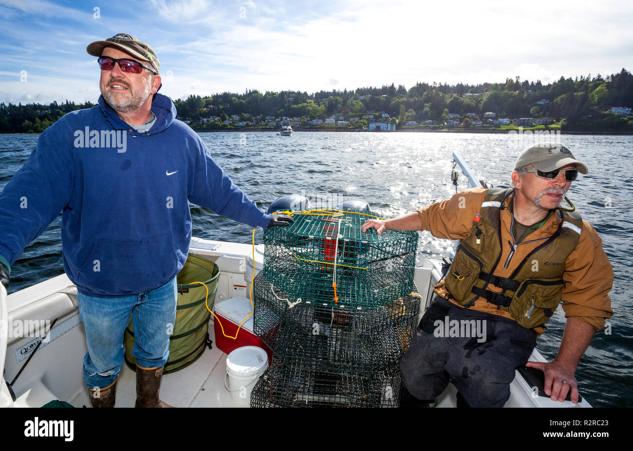 WA14621-00...WASHINGTON - Jim Johansen e Phil Russell la pesca dei gamberetti nella Puget Sound vicino alla città di Edmonds. Signor# J5 & R8 Foto Stock