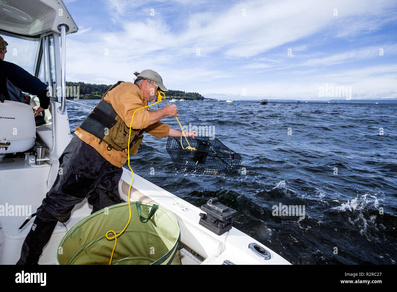 WA14629-00...WASHINGTON - Phil Russell impostazione di una pentola di gamberetti mentre Lee Hamelton opperates la barca mentre la pesca del Puget Sound vicino alla città di e Foto Stock