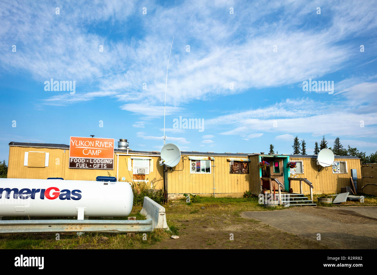 Yukon River Camp, Alaska - Agosto 18, 2018: una vista del fiume di Yukon Camp su Dalton in autostrada in Alaska, STATI UNITI D'AMERICA Foto Stock