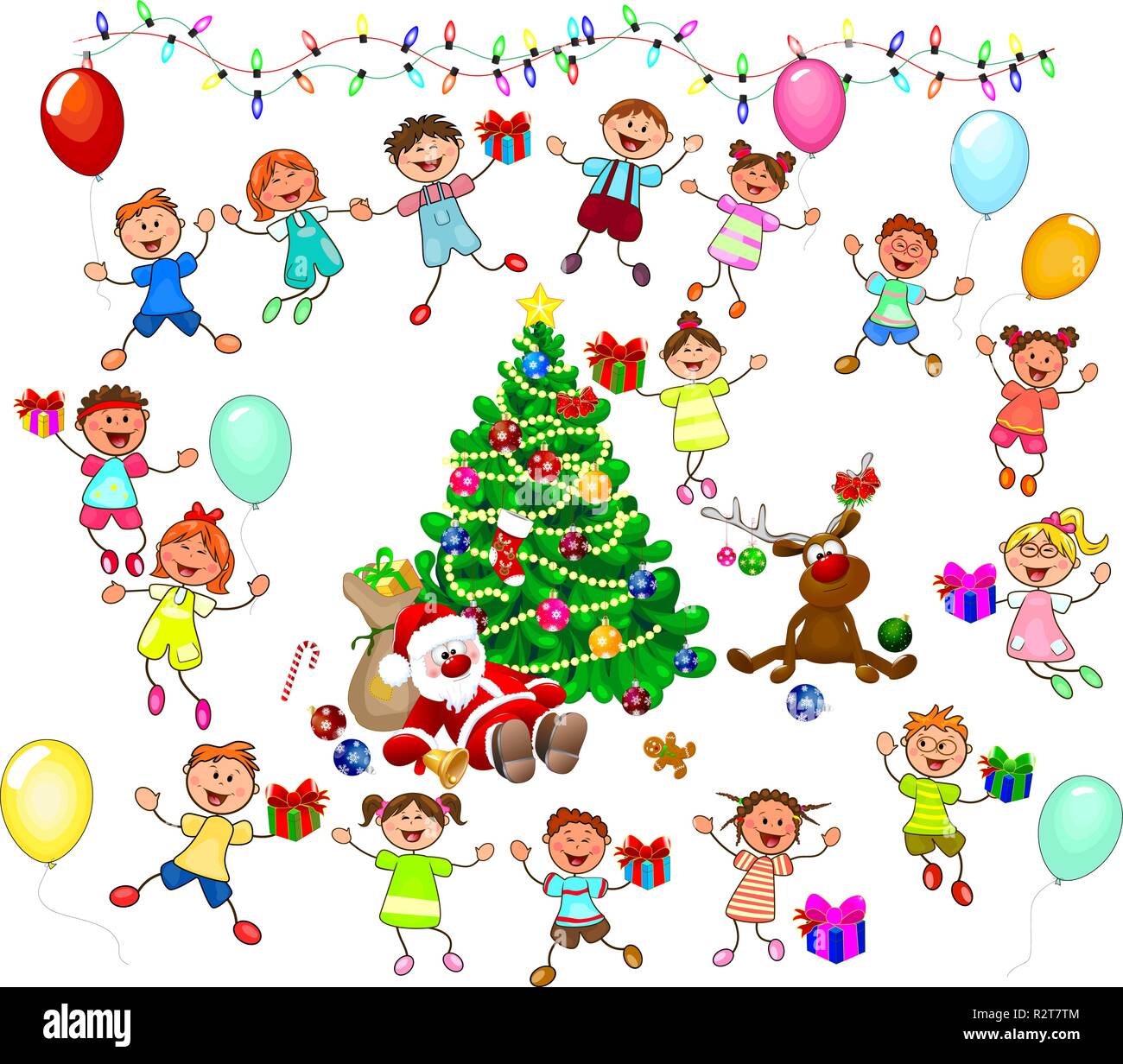 Gioiosi figlioli e Santa vicino a un albero di Natale. Santa, cervi e i bambini festeggiano il Natale. Un gruppo di bambini con doni. Illustrazione Vettoriale