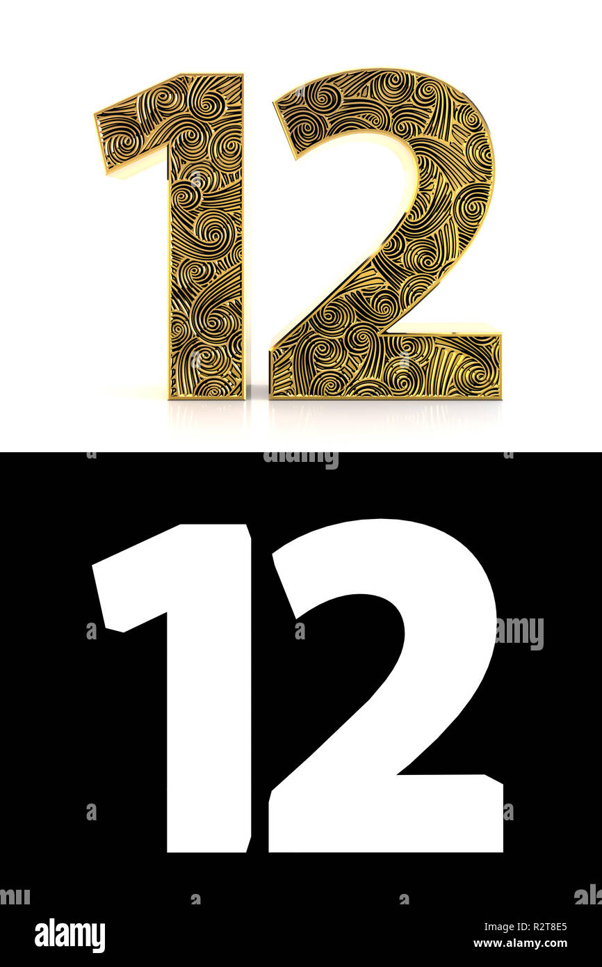 Golden numero dodici (12 anni) su sfondo bianco con pattern style Zentangle, ombra e canale alfa. 3D'illustrazione. Foto Stock