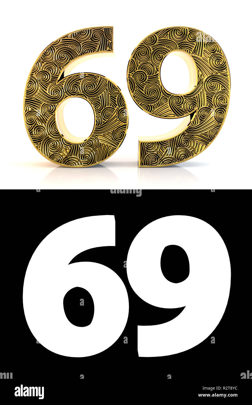 Numero aureo sessanta nove (69 anni) su sfondo bianco con pattern style Zentangle, ombra e canale alfa. 3D'illustrazione. Foto Stock