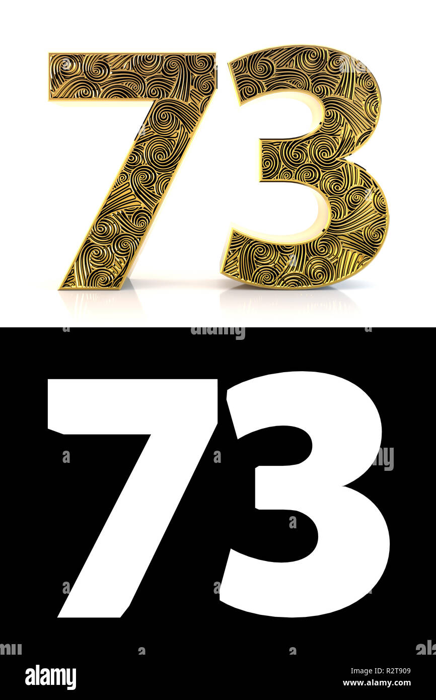 Numero aureo settanta-tre (73 anni) su sfondo bianco con pattern style Zentangle, ombra e canale alfa. 3D'illustrazione. Foto Stock
