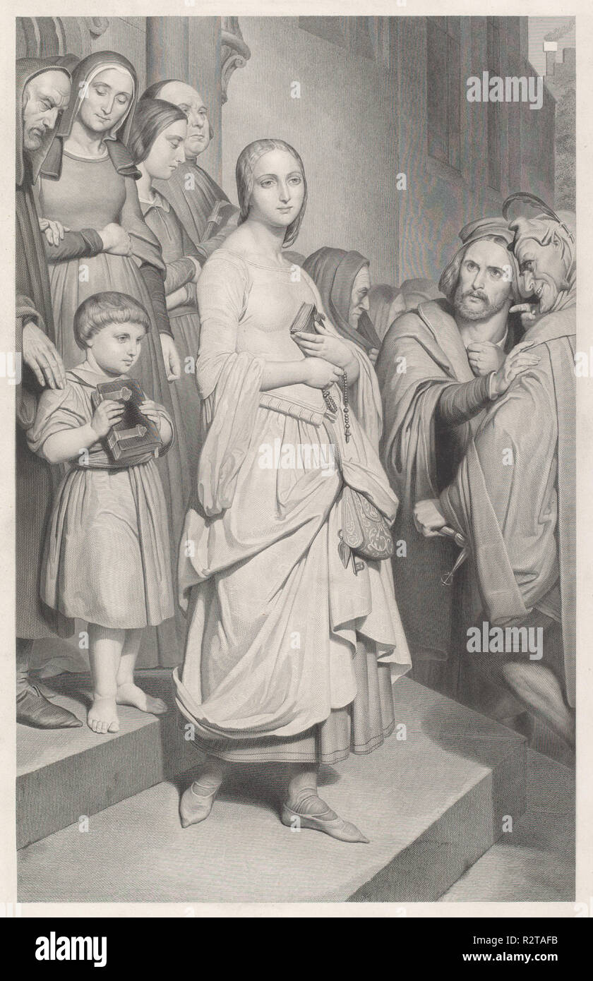 Faust vedendo Marguerite per la prima volta. Dimensioni: piastra: 56,1 × 39,4 cm (22 1/16 × 15 1/2 in.) foglio: 66,9 × 45,3 cm (26 5/16 × 17 13/16 in.). Medium: incisione su carta intessuta [prova]. Museo: National Gallery of Art di Washington DC. Autore: Adolphe Caron dopo Ary Scheffer. Foto Stock