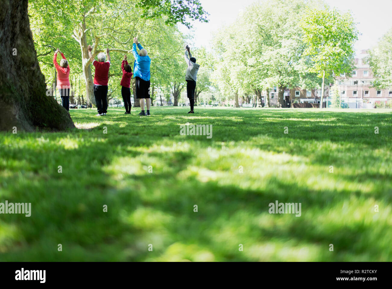 Attiva gli anziani che esercitano, la pratica dello yoga in posizione di parcheggio Foto Stock