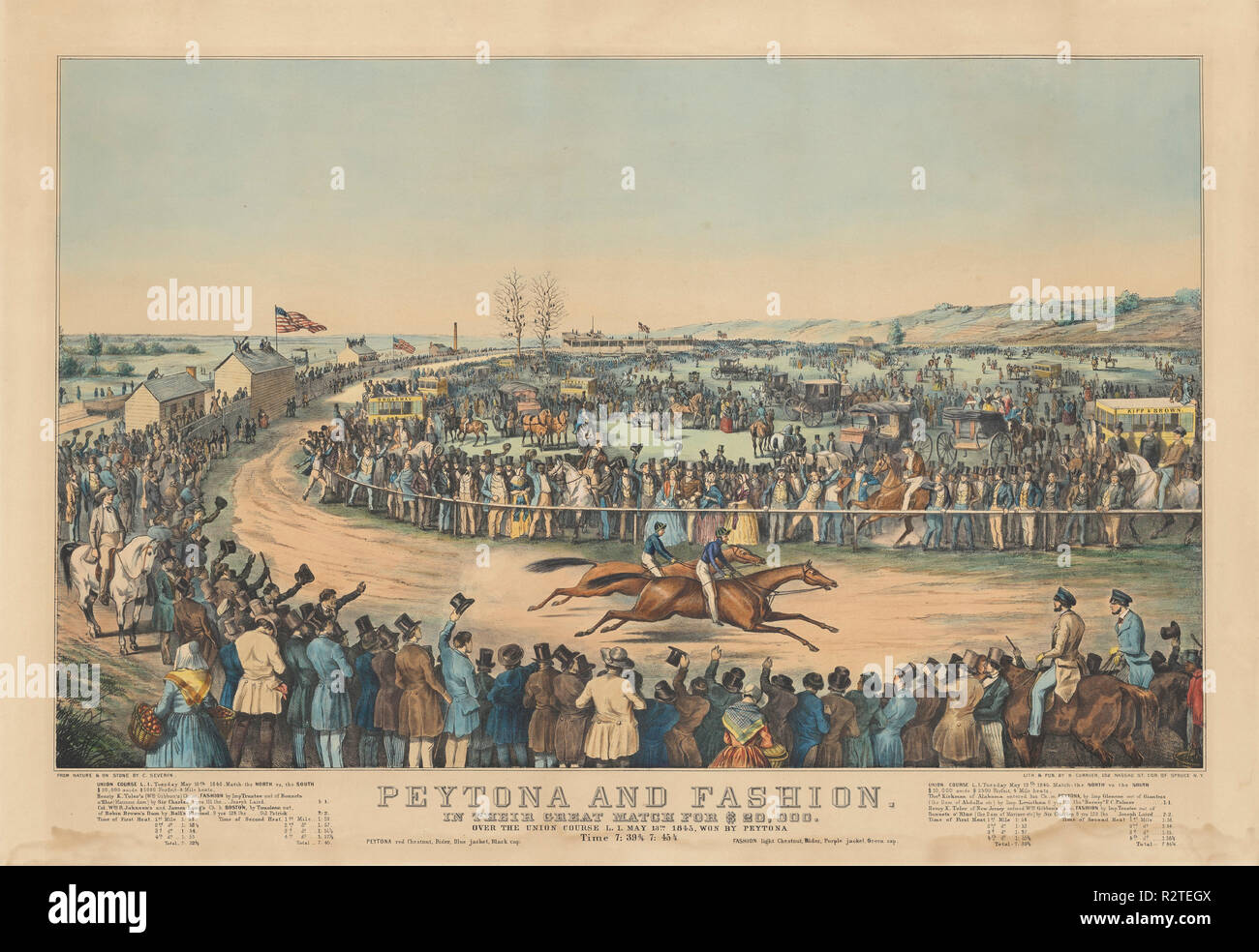 Peytona e moda: nella loro grande partita per $20.000. Oltre l'Unione corso L.I. Maggio 13th. 1845, vinto da Peytona. Tempo 7:39 3/4, 7:45 1/4. Data: c. 1845. Dimensioni: immagine: 45 x 72,5 cm (17 11/16 x 28 9/16 in.) foglio: 80,5 cm (31 11/16 in.). Medium: colorate a mano litografia su carta intessuta. Museo: National Gallery of Art di Washington DC. Autore: dopo Charles Severin. Foto Stock
