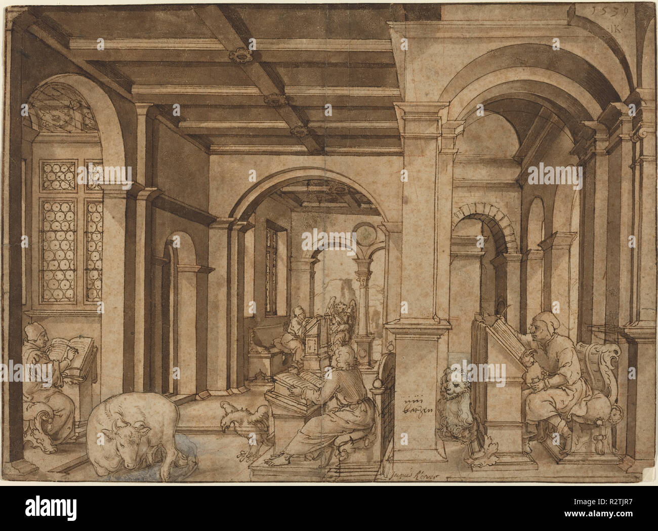 Quattro Evangelisti in un Scriptorium. Data: 1539. Dimensioni: complessivo: 27,3 x 38,1 cm (10 3/4 x 15 in.). Medium: Penna e inchiostro bruno marrone con il lavaggio gesso rosso su cui la carta. Museo: National Gallery of Art di Washington DC. Autore: Master I. K. Foto Stock