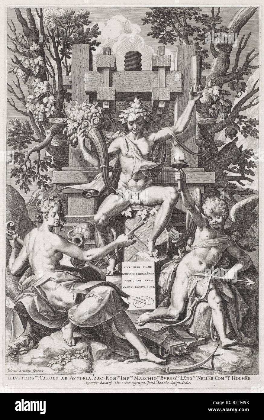 Bacco seduto su una botte tra Amor e musica. Data: c. 1590. Medium: incisione su carta vergata. Museo: National Gallery of Art di Washington DC. Autore: Jan Sadeler I, dopo Joos van Winghe. Johann Sadeler I. Foto Stock