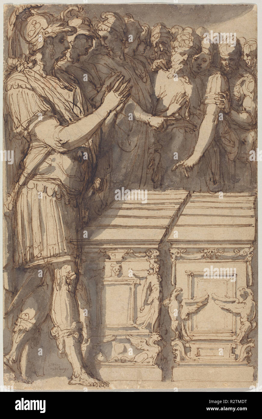 Alexander consacrando altari per i dodici Olympian dèi. Data: 1545/1547. Dimensioni: complessivo: 31.7 x 21 cm (12 1/2 x 8 1/4 in.). Medium: Penna e inchiostro bruno con il grigio lavare oltre gesso nero su carta vergata; stabilite. Museo: National Gallery of Art di Washington DC. Autore: Perino del Vaga. Foto Stock