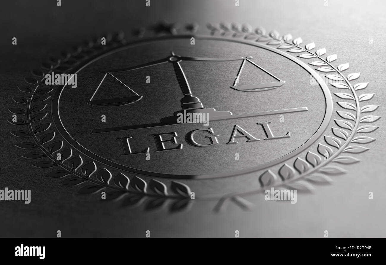 Segno legale design con scale di giustizia simbolo stampato su sfondo nero. 3D illustrazione Foto Stock