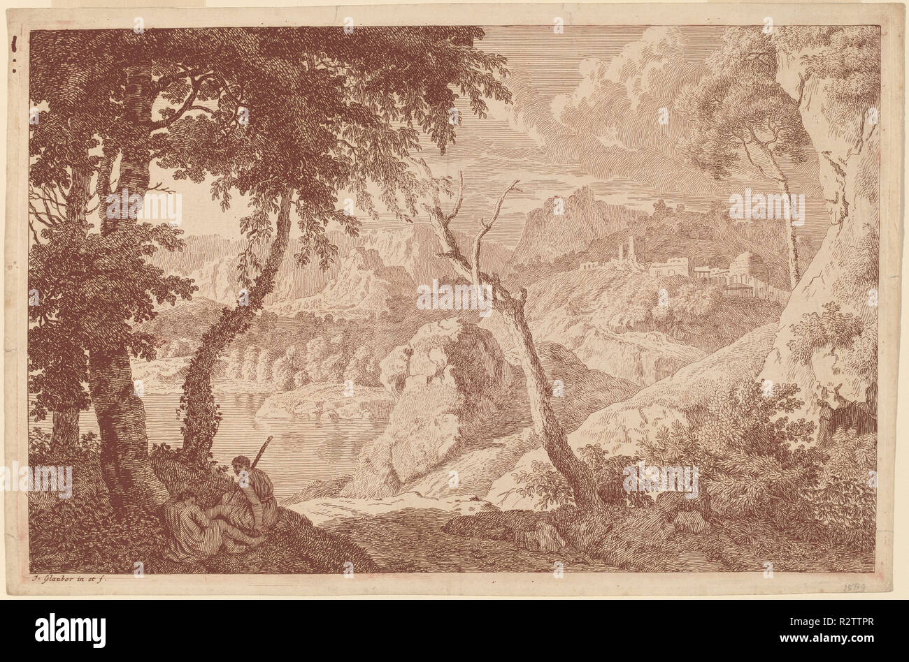 Paesaggio di montagna con due uomini in appoggio. Dimensioni: piastra: 23,6 x 36,8 cm (9 5/16 x 14 1/2 in.) foglio: 24,7 x 37,7 cm (9 3/4 x 14 13/16 in.). Medium: attacco in rosso-marrone a inchiostro su carta vergata. Museo: National Gallery of Art di Washington DC. Autore: JOHANNES GLAUBER. Foto Stock