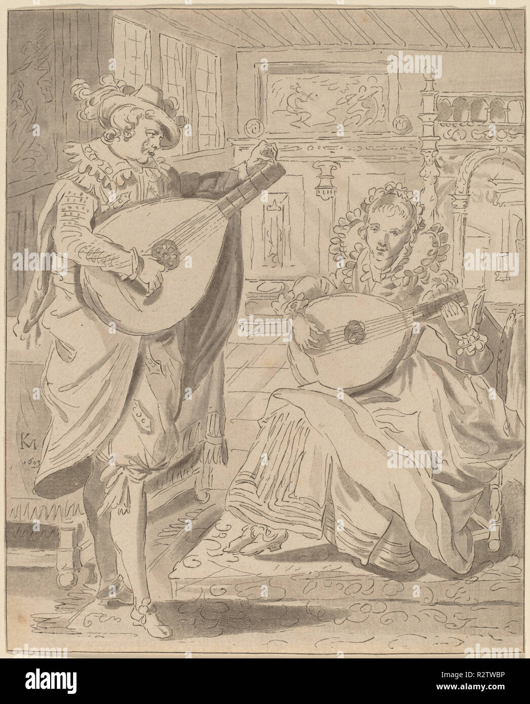 Società musicale. Data: 1772. Medium: roulette e incisione con brunitura. Museo: National Gallery of Art di Washington DC. Autore: Cornelis Ploos van Amstel e Bernhard Schreuder dopo Karel van Mander I. Foto Stock