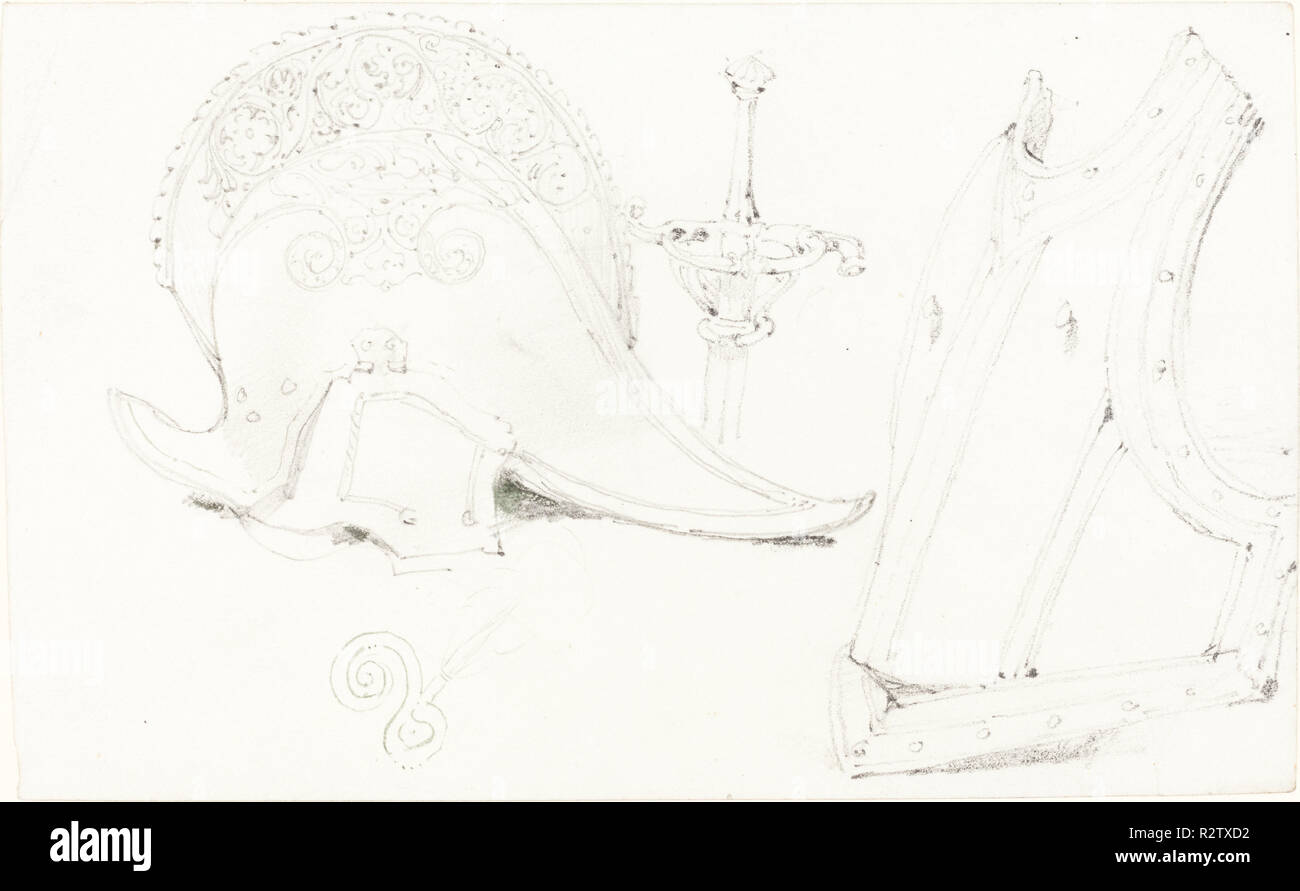 Studio di un casco, pettorale e piattina di pinza. Dimensioni: complessivo: 10,9 x 17,4 cm (4 5/16 x 6 7/8 in.). Medium: grafite su carta intessuta. Museo: National Gallery of Art di Washington DC. Autore: Giuseppe Nash. Foto Stock