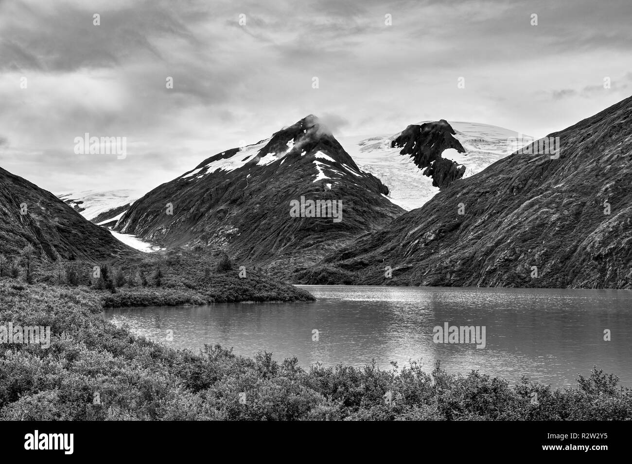 Una vista del ghiacciaio Portage Portage e lago sulla Penisola di Kenai, Alaska Foto Stock