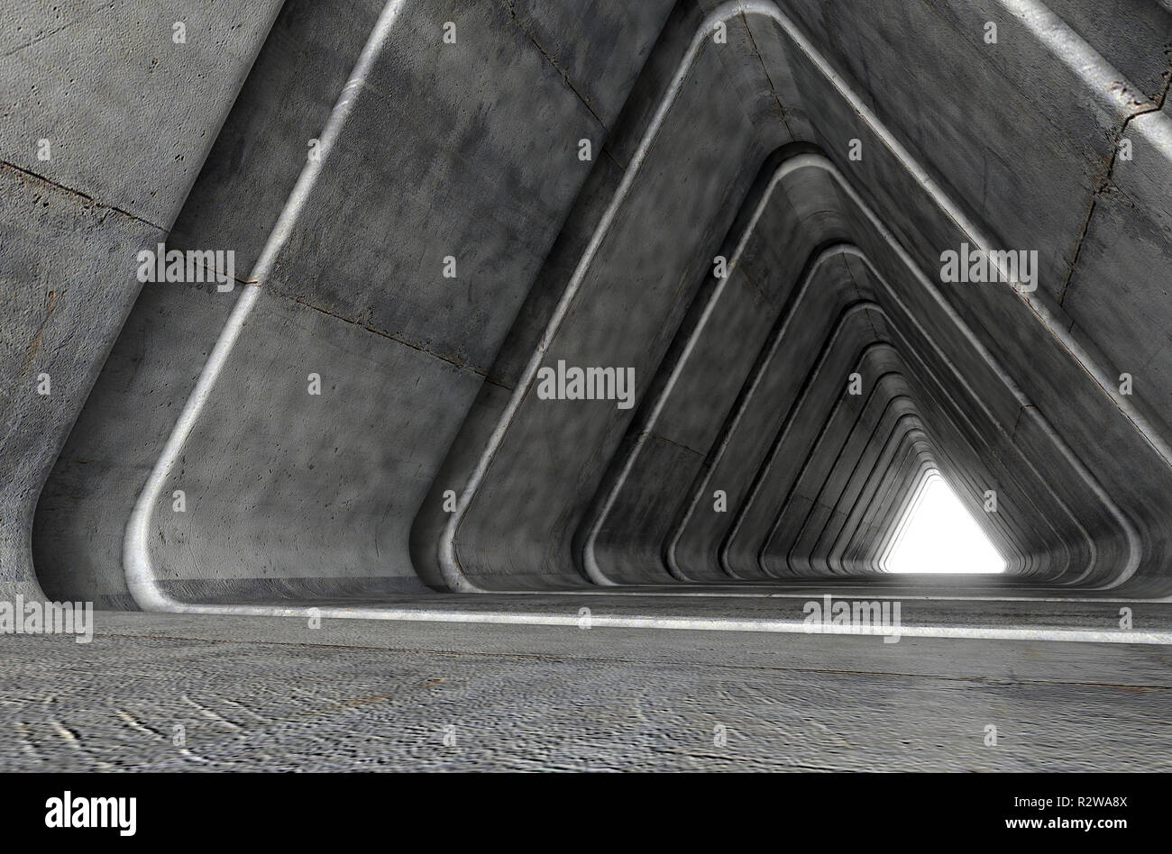 Uno sguardo verso il basso un calcestruzzo tunnel realizzato con triangolare di forme geometriche con un luce di distanza in corrispondenza della estremità lontana - 3D render Foto Stock