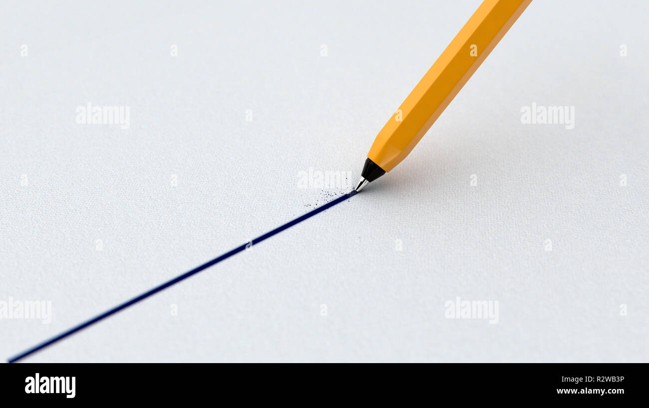 Una vista ingrandita di una normale penna a sfera il disegno di una retta linea di inchiostro su una trama della superficie della carta - 3D render Foto Stock