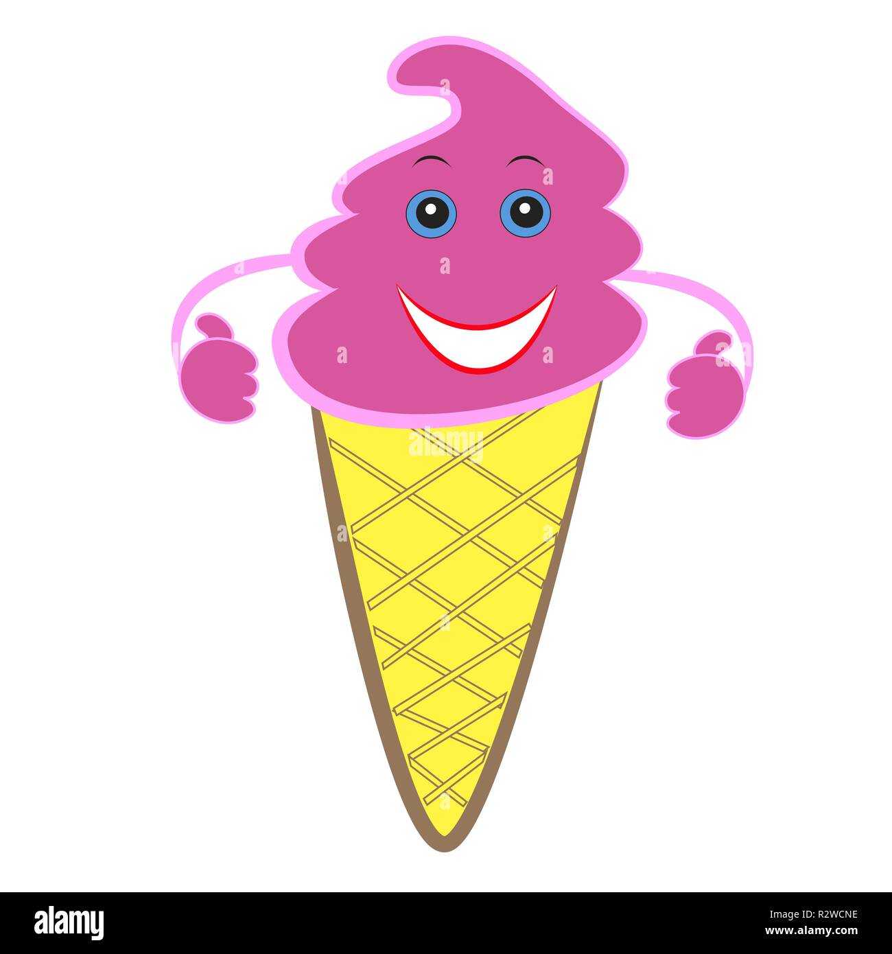Cartoon gelato rosa in un disegno waffle Cup isolato sullo sfondo bianco. Illustrazione Vettoriale
