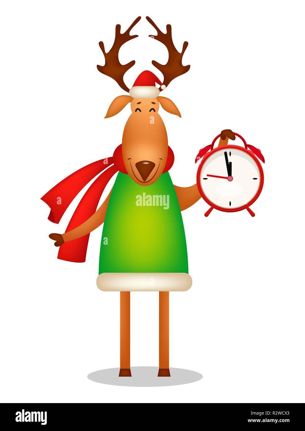 Natale biglietto di auguri. Funny deer indossando Santa Claus hat e sciarpa rossa. Cartoon carino personaggio tiene sveglia. Illustrazione Vettoriale sul retro bianco Illustrazione Vettoriale