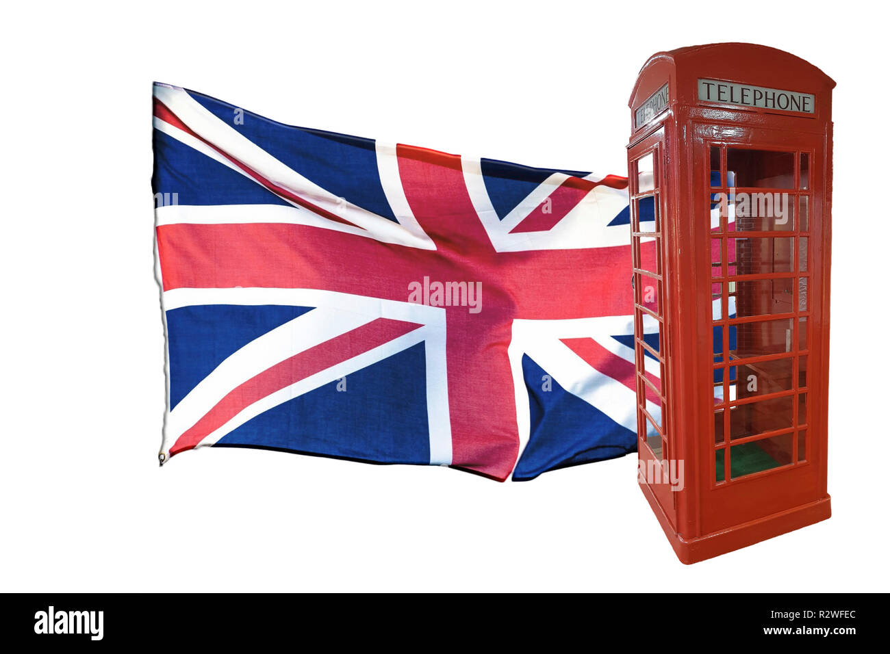 Bandiera britannica e rosso nella casella Telefono. Isolato sullo sfondo bianco. Comet viaggiare nel Regno Unito Foto Stock