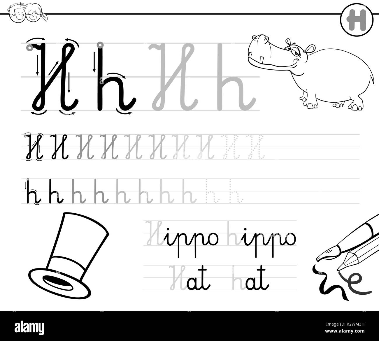 Bianco e Nero Cartoon illustrazione di abilità di scrittura pratica con la lettera H per la scuola materna ed elementare i bambini di età i libri a colori Illustrazione Vettoriale