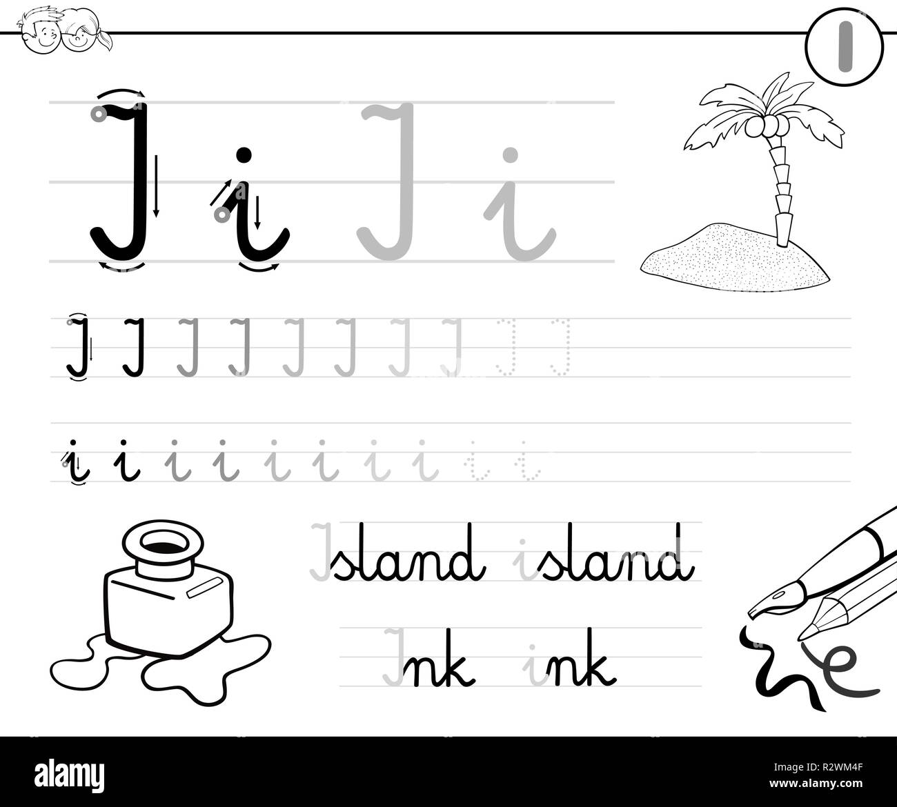 Bianco e Nero Cartoon illustrazione di abilità di scrittura pratica con la lettera I per la scuola materna ed elementare i bambini di età i libri a colori Illustrazione Vettoriale