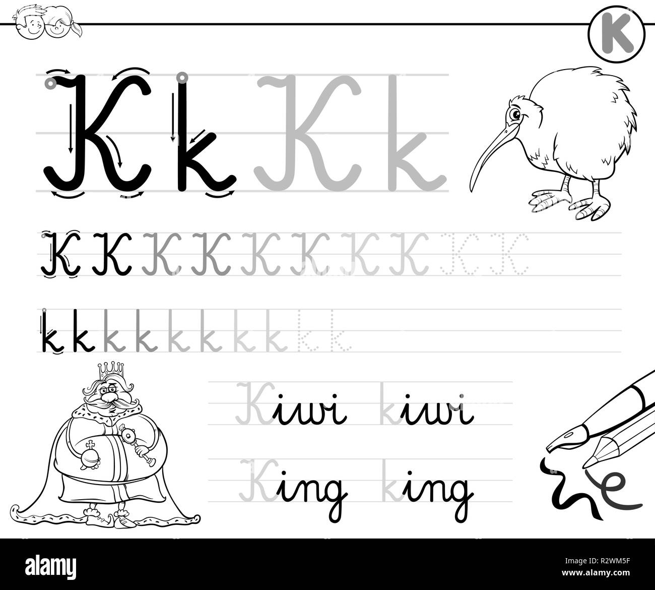 Bianco e Nero Cartoon illustrazione di abilità di scrittura pratica con la lettera K per la scuola materna ed elementare i bambini di età i libri a colori Illustrazione Vettoriale