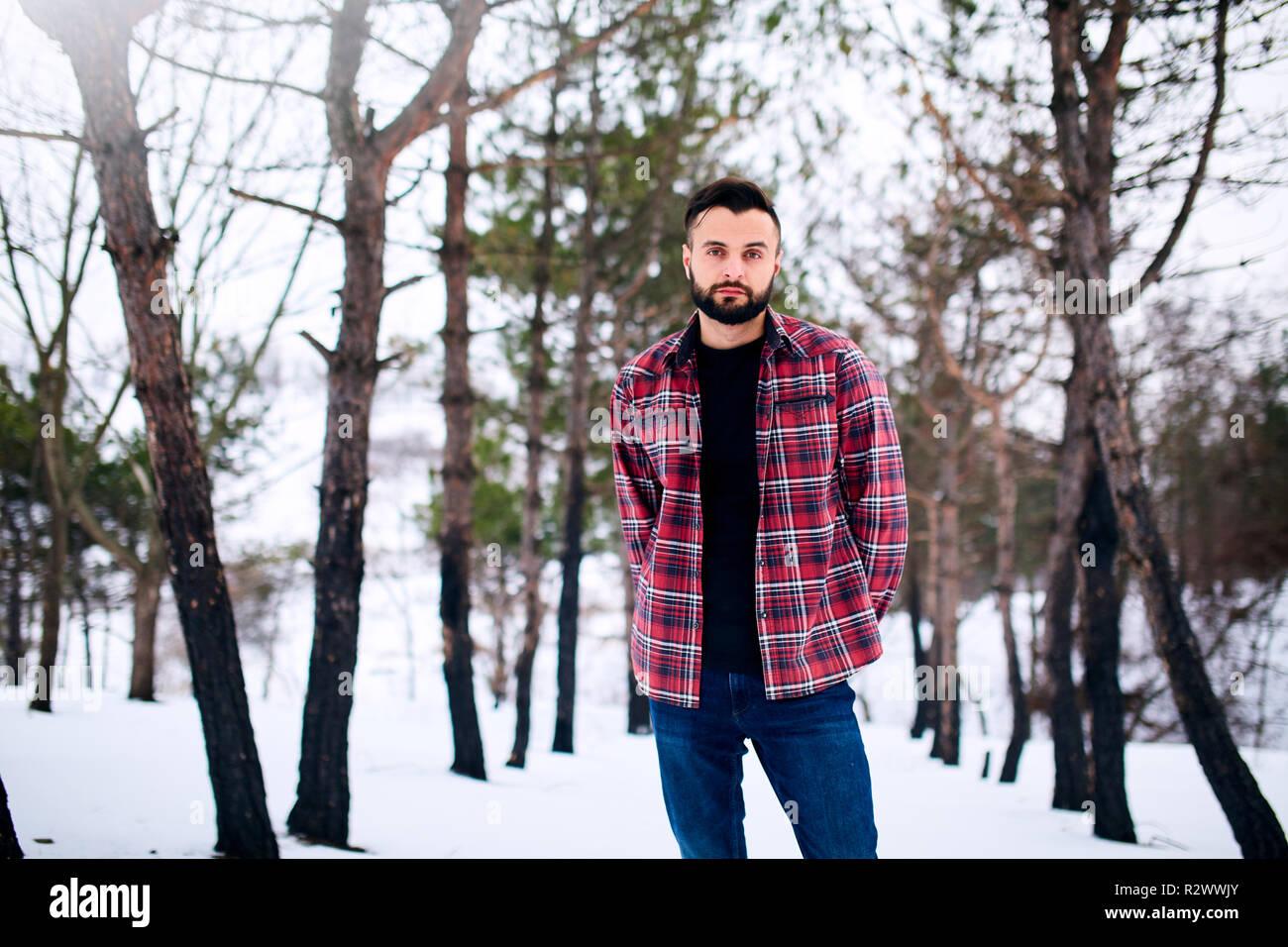 Ritratto di bello barbuto giovane uomo in rosso plaid shirt in piedi in inverno boschi innevati. Elegante uomo nei boschi, abbigliamento invernale collezione moda. Foto Stock