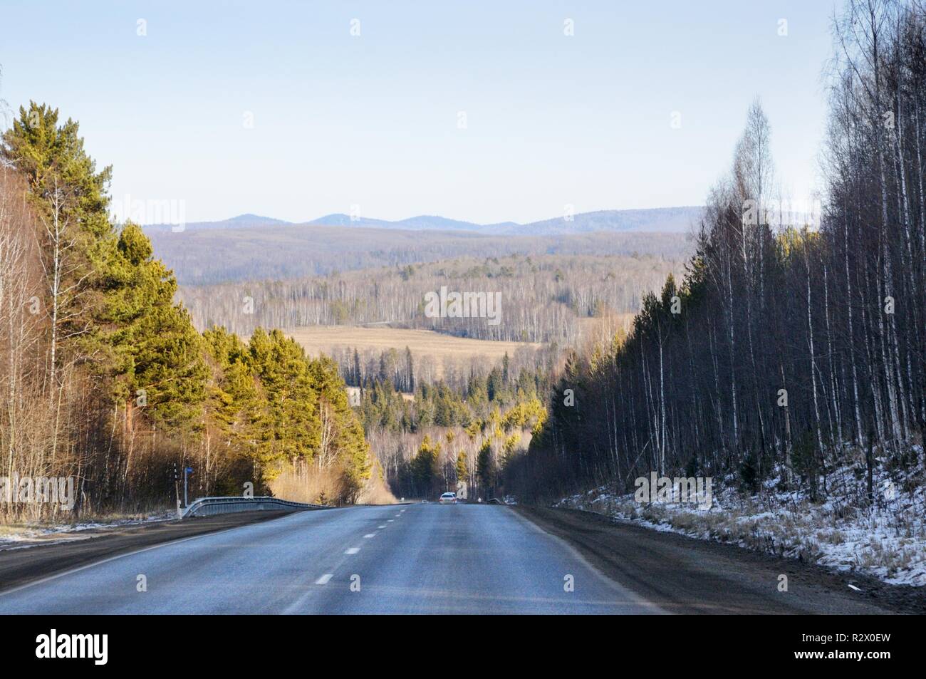 Paesaggio autunnale con strada asfaltata a morbide colline coperte con la taiga forest sotto il cielo blu in Siberia, Russia Foto Stock
