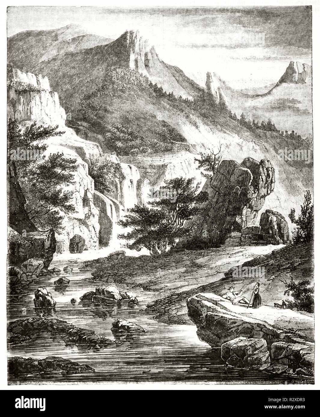 Vecchio vista della valle di Chaudefour, Francia. Da autore non identificato, publ. su Magasin pittoresco, Parigi, 1846 Foto Stock