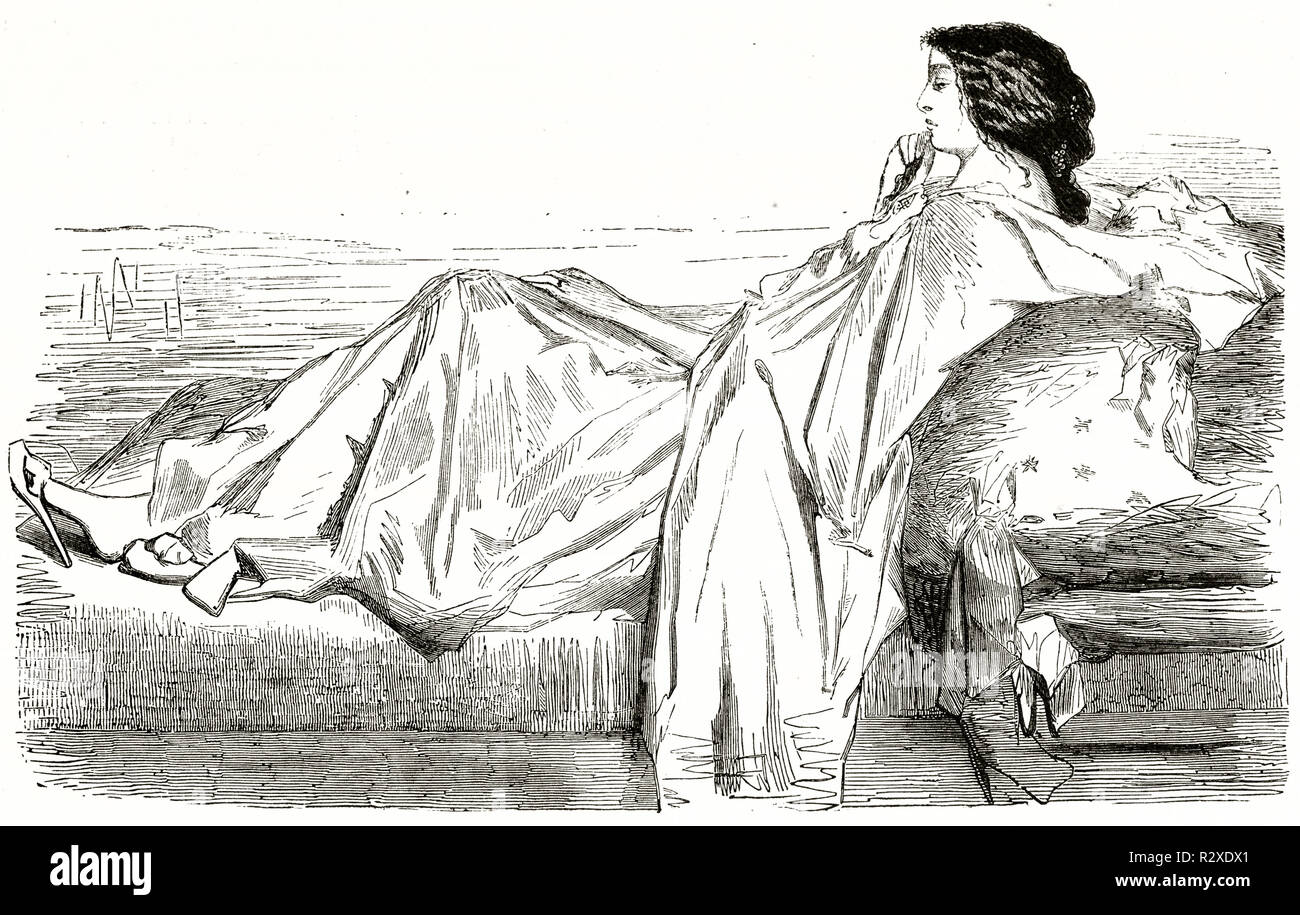 Vecchia illustrazione di una donna daydreaming. Da Vidal, publ. su Magasin pittoresco, Parigi, 1846 Foto Stock