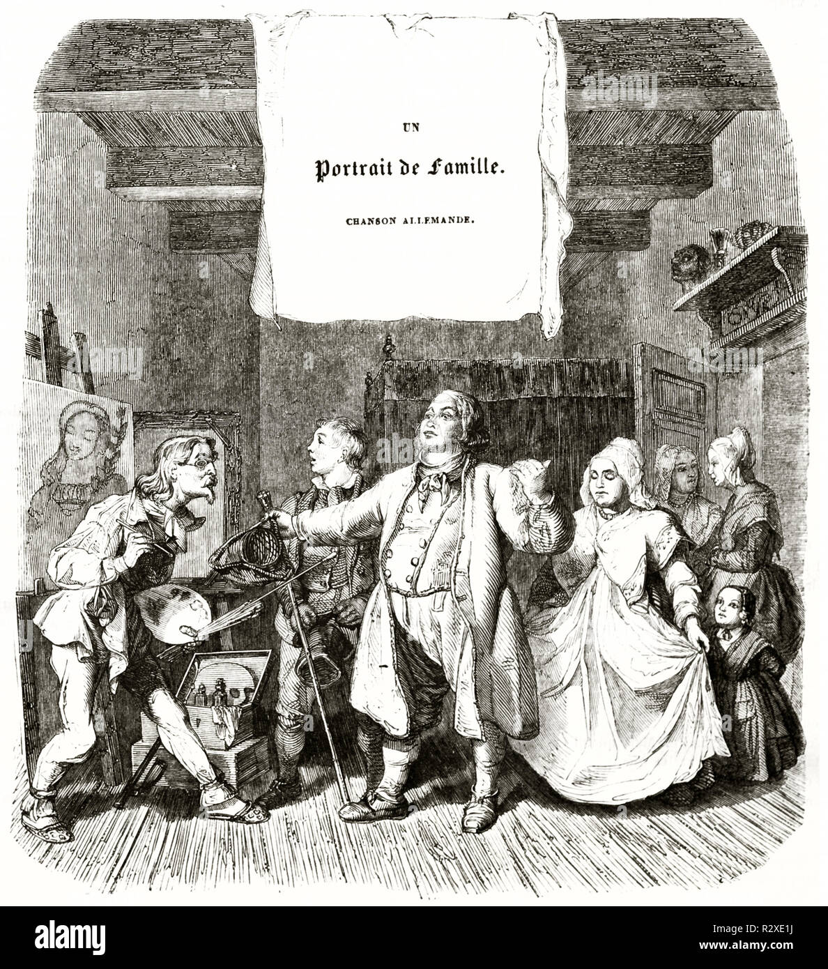 Vecchia illustrazione di verniciatura di un ritratto di famiglia. Da autore non identificato, publ. su Magasin pittoresco, Parigi, 1846 Foto Stock