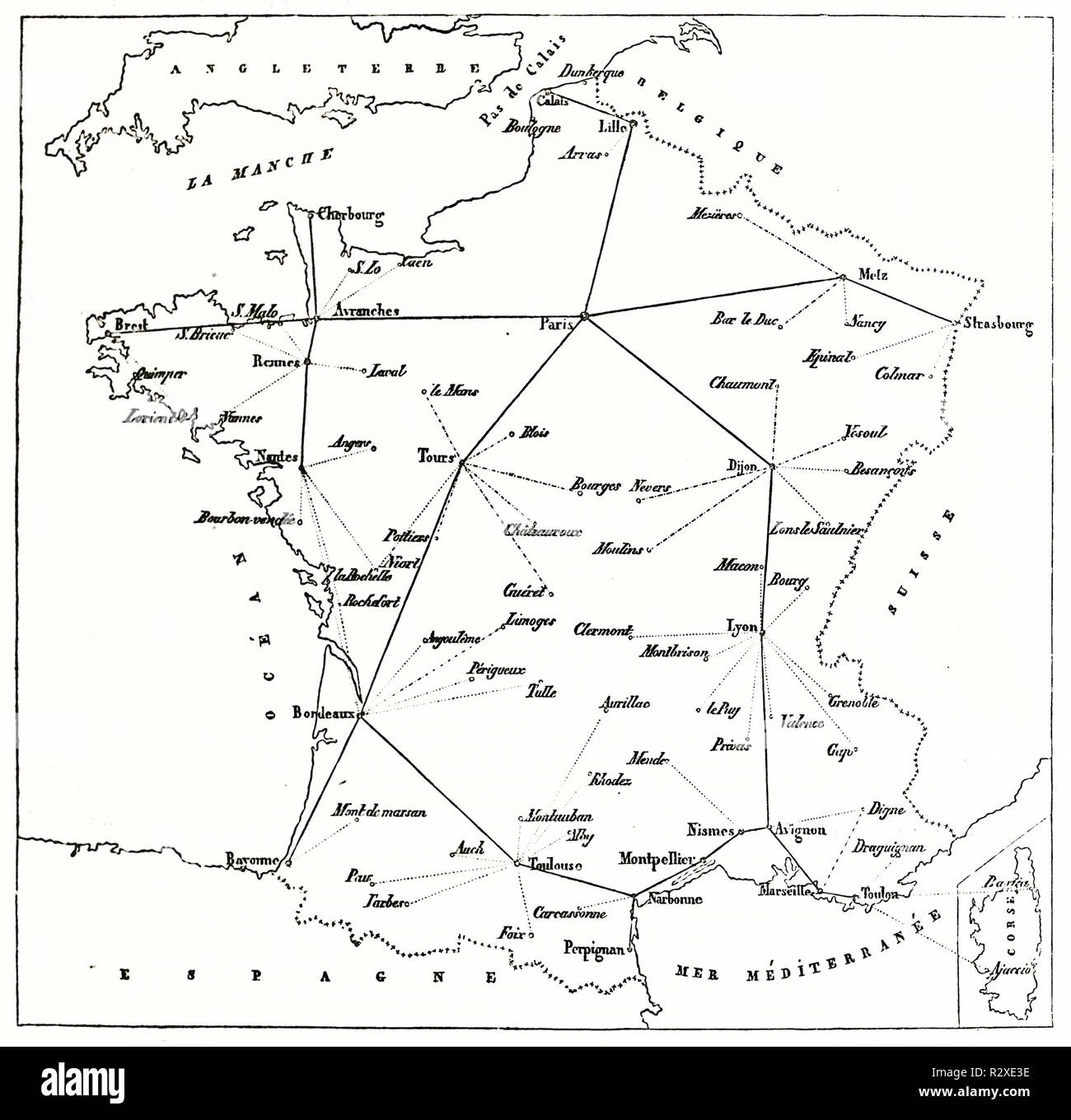 Mappa antica della rete telegrafica ottica francese, con linee che si irradiano da Parigi verso tutte le regioni della Francia, incisione in legno. Parigi, 1846. Foto Stock