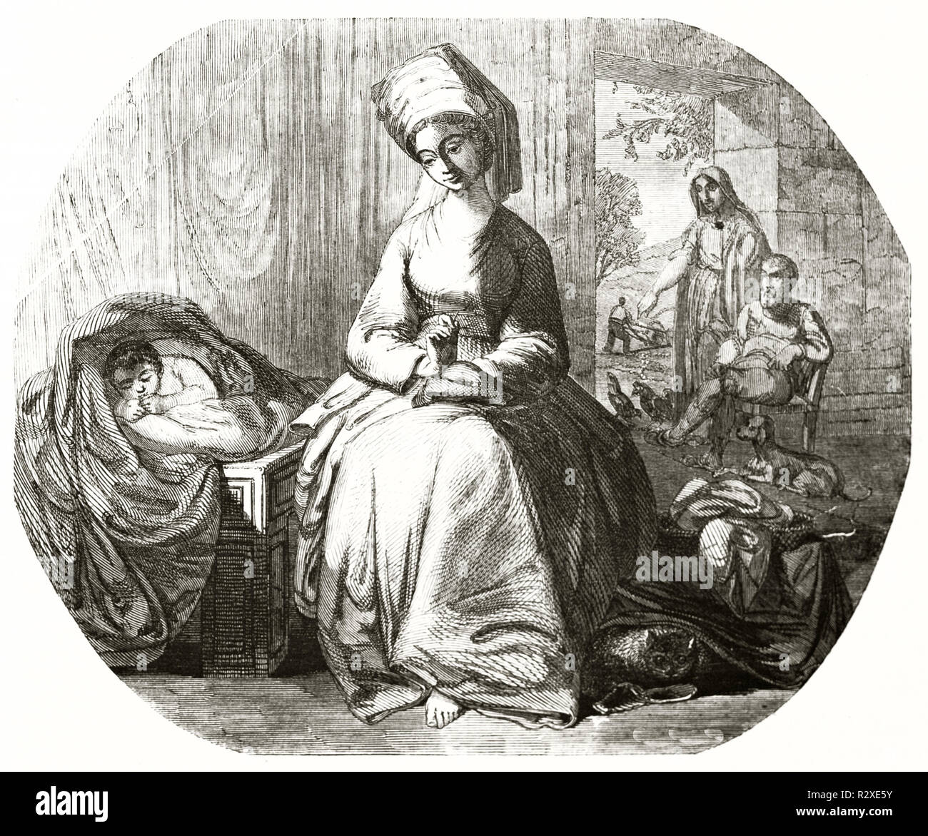 Vecchia riproduzione di un dipinto intitolato La Golden Age. Dopo Benjamin West, publ. su Magasin pittoresco, Parigi, 1846 Foto Stock