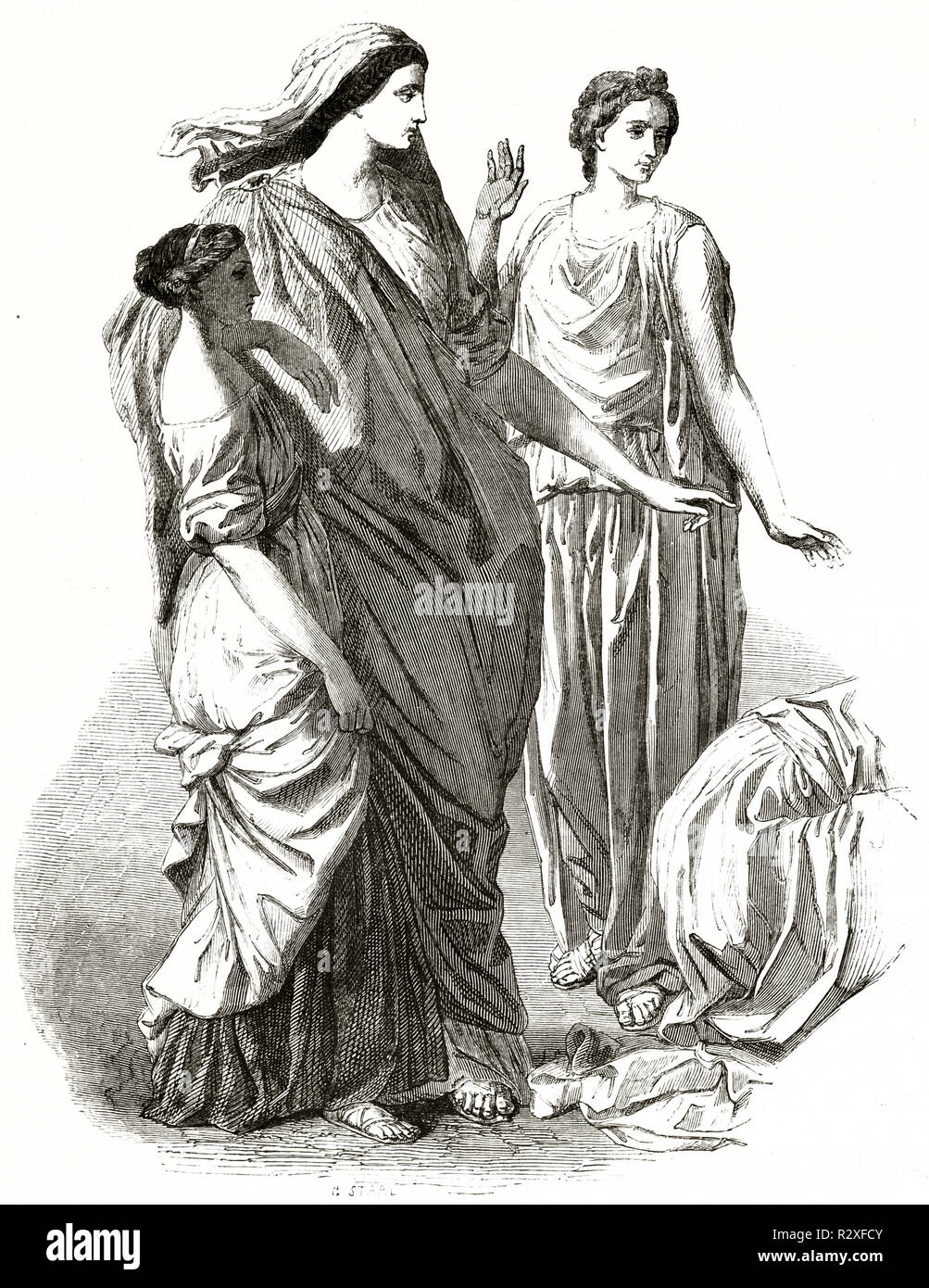 La figlia del faraone le salvataggio di Mosè dal Nilo floading (dettaglio di un dipinto di Nicolas Poussin). Publ. su Magasin pittoresco, Parigi, 1846 Foto Stock