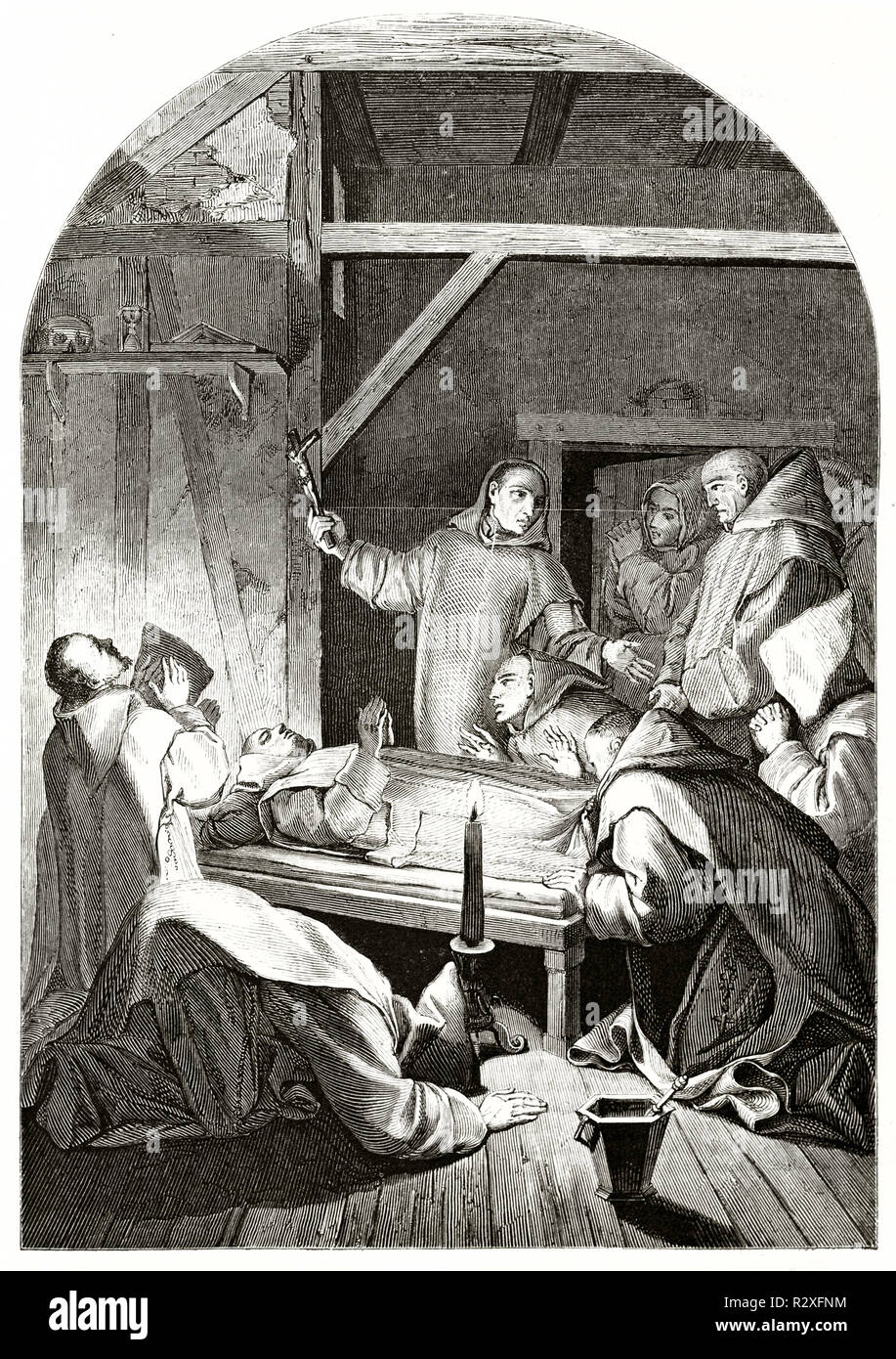 Riproduzione di La Mort de Saint Bruno, da Eustache Lesueur, conservato nel museo del Louvre di Parigi. Publ. su Magasin pittoresco, Parigi, 1846 Foto Stock