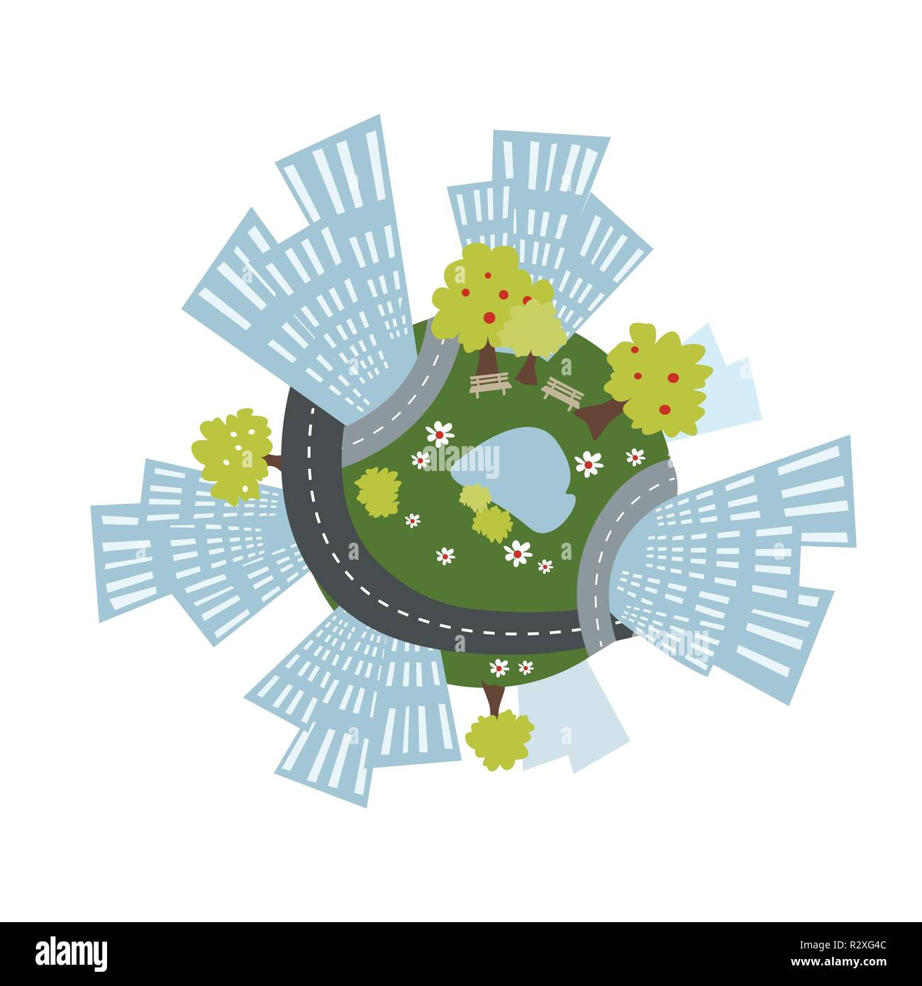 Accogliente pianeta urbano con edifici, strade e parco. Città sulla terra. Gli edifici della città sul globo terrestre Illustrazione Vettoriale
