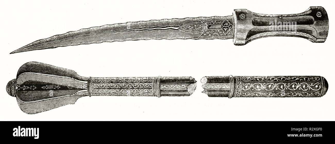 Vecchia illustrazione del Sultano d'Egitto Tuman Bay II pugnale e macis. Da autore non identificato, publ. su Magasin pittoresco, Parigi, 1846 Foto Stock