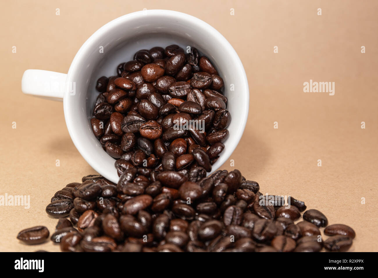 Il caffè torrefatto in grani nella tazza bianca Foto Stock