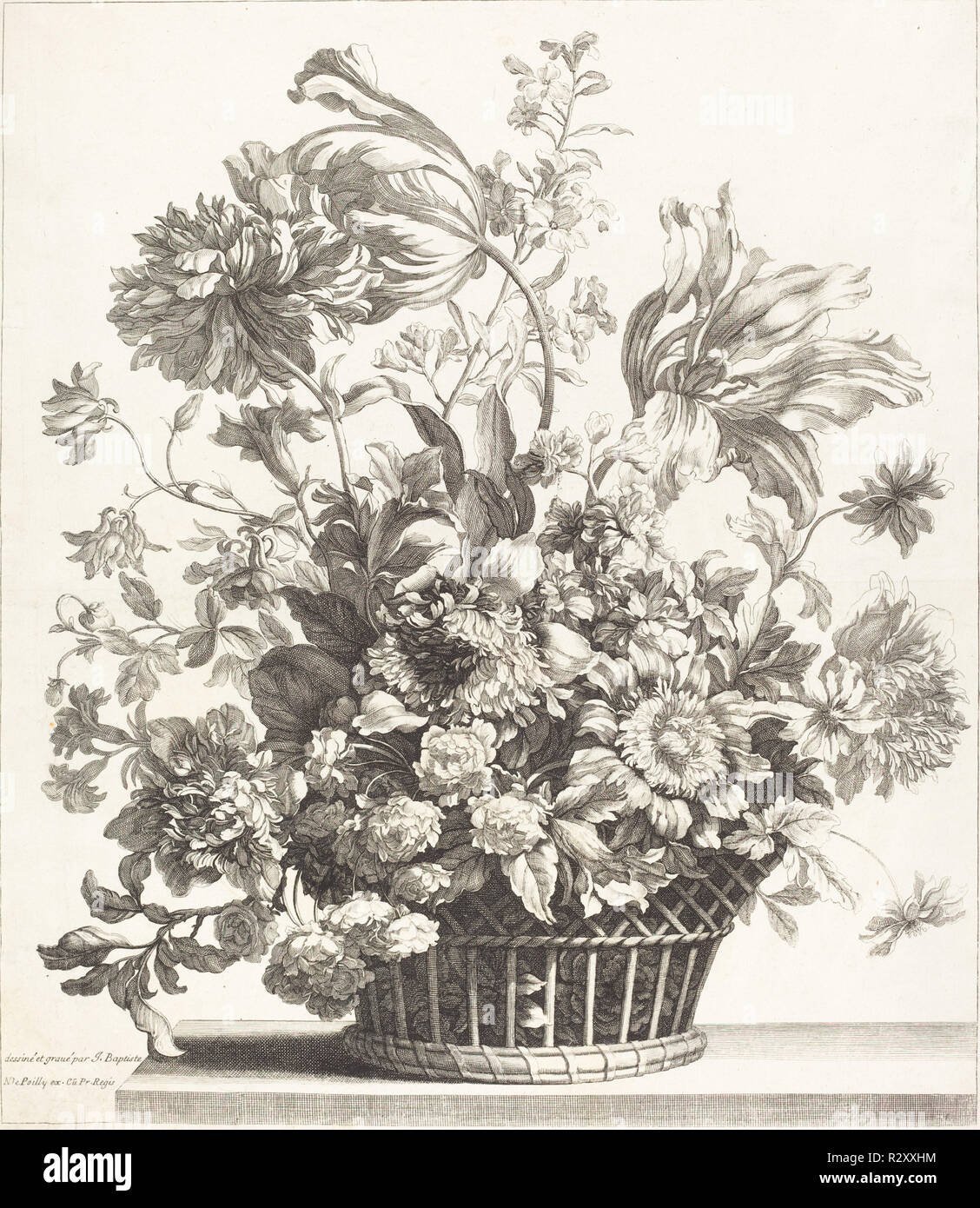 Un cesto di fiori di primavera. Data: c. 1680. Dimensioni: IMMAGINE: 48,4 x 42 cm (19 1/16 x 16 9/16 in.) foglio: 49,6 x 43,5 cm (19 1/2 x 17 1/8 in.). Medium: attacco e incisioni su carta vergata. Museo: National Gallery of Art di Washington DC. Autore: Jean-Baptiste Monnoyer. Foto Stock