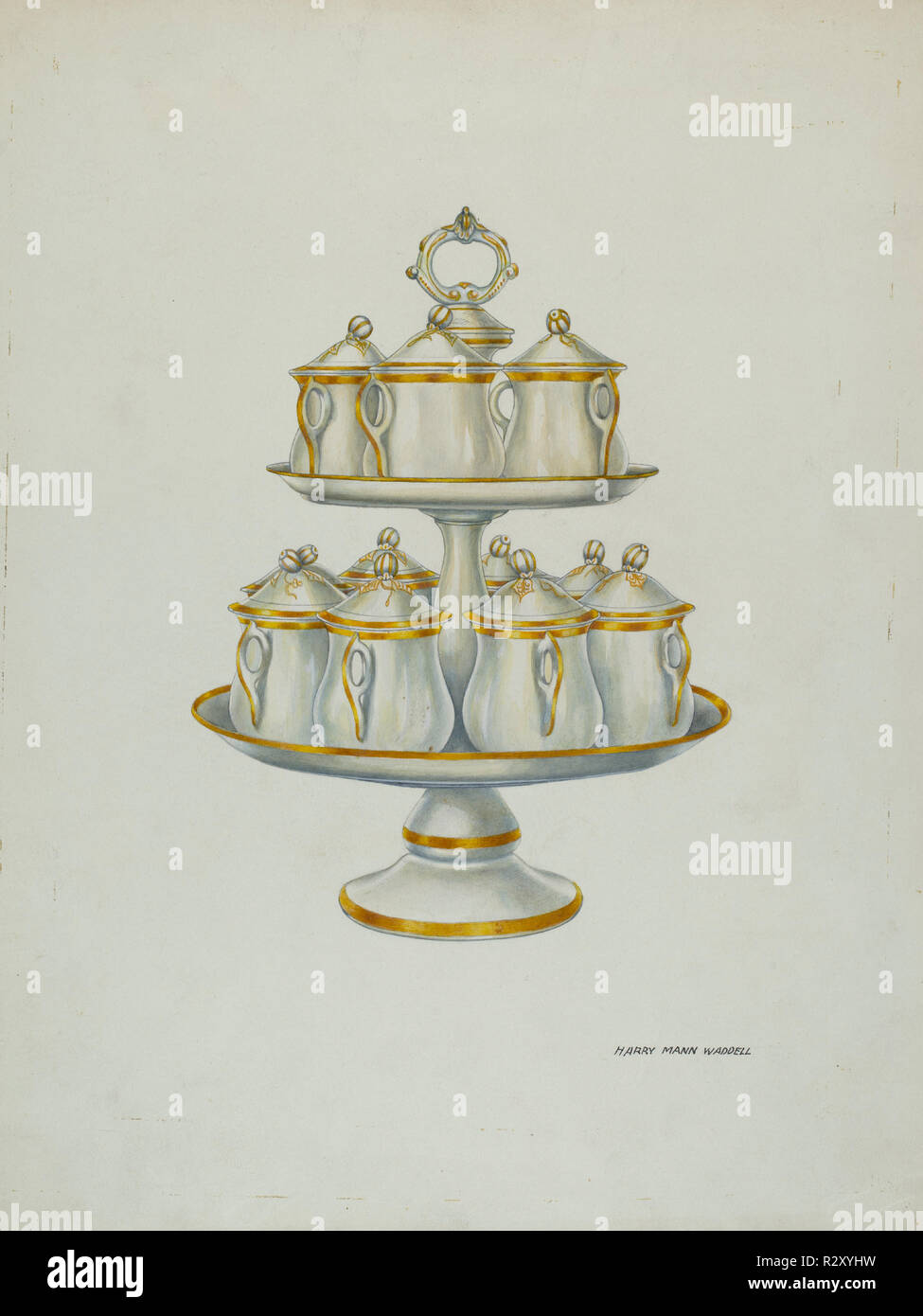 Lazy Susan. Data: c. 1940. Dimensioni: complessivo: 35,5 x 26,7 cm (14 x 10 1/2 in.) originale IAD Oggetto: 15' alto 11 1/2' Dia(ripiano inferiore) 8 1/2' Dia(ripiano superiore). Medium: acquerello e grafite su carta. Museo: National Gallery of Art di Washington DC. Autore: Harry Mann Waddell. Foto Stock