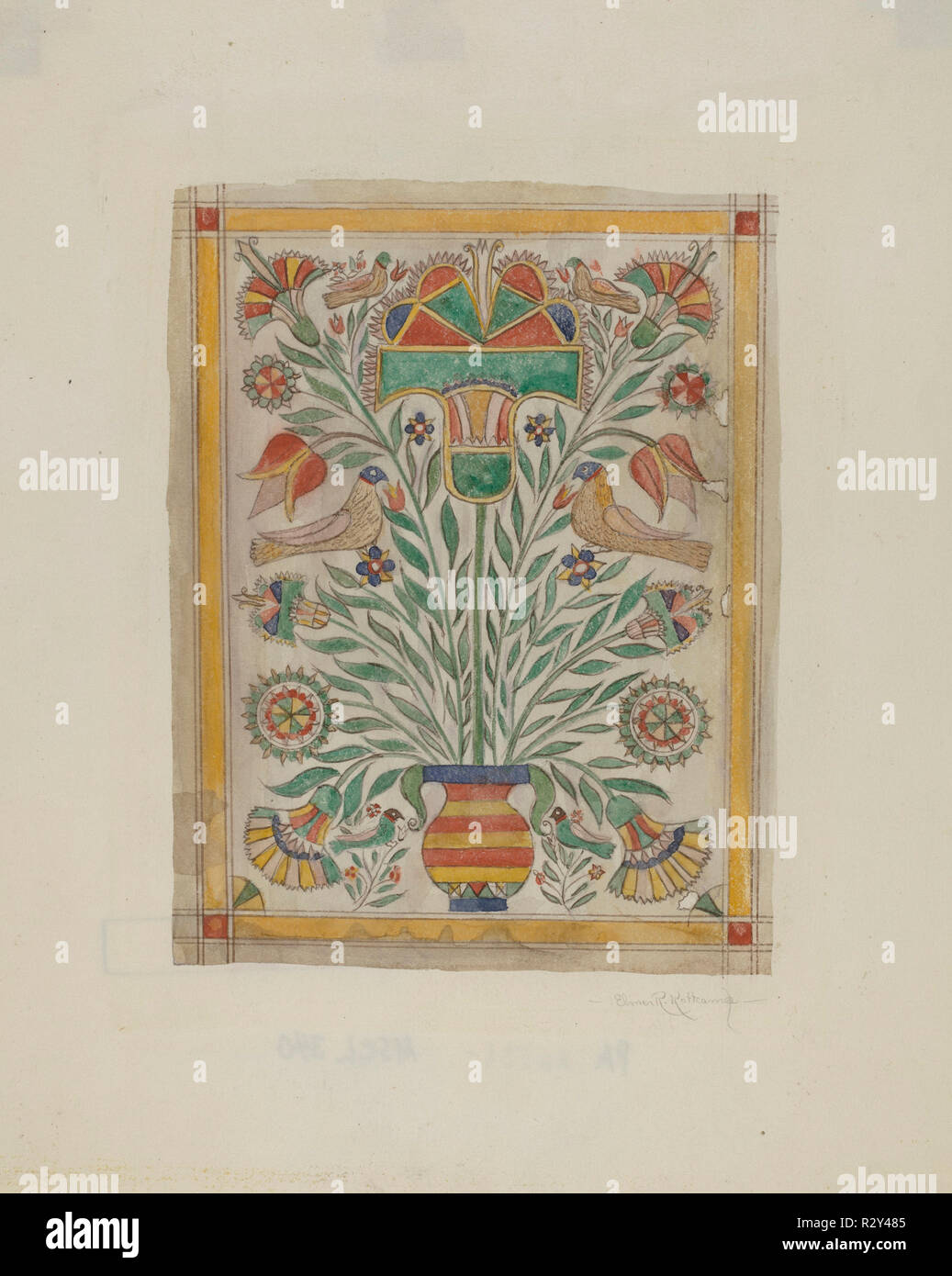 Pa. Fractur tedesco. Data: 1935/1942. Dimensioni: complessivo: 29,8 x 24,6 cm (11 3/4 x 9 11/16 in.). Medium: acquerello, penna e inchiostro e grafite su carta. Museo: National Gallery of Art di Washington DC. Autore: Elmer R. Kottcamp. Foto Stock