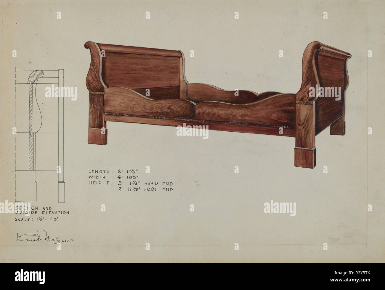 Sleigh Bed. Data: c. 1936. Dimensioni: complessivo: 24,2 x 35 cm (9 1/2 x 13 3/4 in.) originale IAD oggetto: 6'10'a lungo. 4' 10 1/2'wide. 3' 1 3/8 " alta a capo.2'11 3/8' alta a piedi.. Medium: acquerello, tempera, matita colorata, a penna e in k e grafite su carta. Museo: National Gallery of Art di Washington DC. Autore: Kurt Melzer. Foto Stock